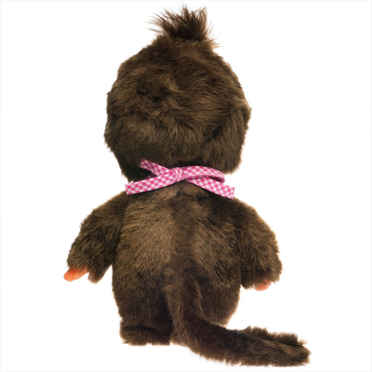 Back view of Sekiguchi Monchhichi Classic Girl plush monkey with pink checkered bib and fluffy tail