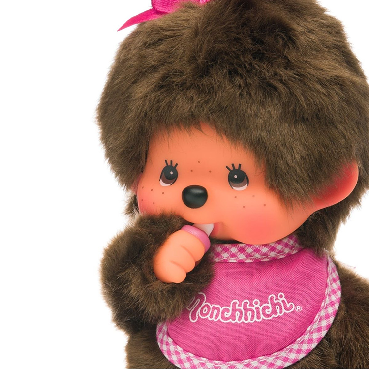 Sekiguchi Monchhichi Classic Girl plush with pink bib thumb in mouth soft collectible toy