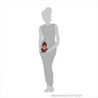 Sekiguchi Monchhichi Classic Girl 8-inch plush monkey with pink bib held by a female figure silhouette.