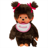 Sekiguchi Monchhichi classic plush girl with pink bows and white-pink bib collectible monkey toy