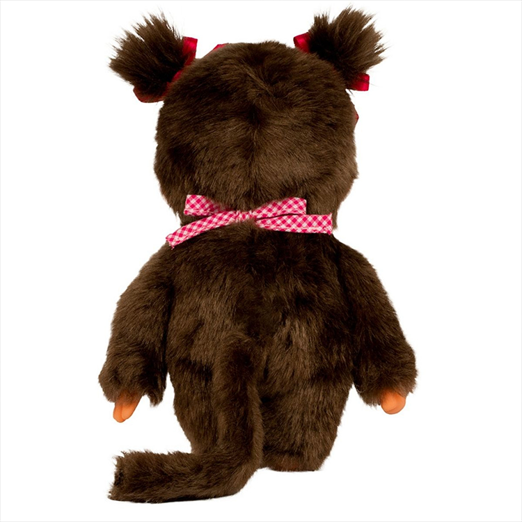 Sekiguchi Monchhichi classic 7-inch plush monkey with brown fur, pink checkered bow, and twin ponytails viewed from back