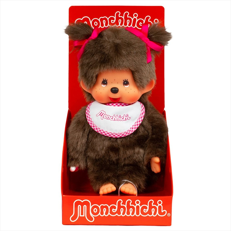 Sekiguchi Monchhichi classic 7-inch plush girl monkey with pink bows and white-pink bib in red display box