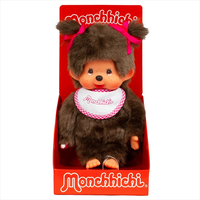 Sekiguchi Monchhichi classic 7-inch plush girl monkey with pink bows and white-pink bib in red display box