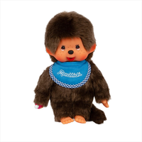 Sekiguchi Monchhichi Classic 8-inch plush monkey with blue bib and signature thumb-sucking pose.