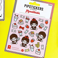 PipStickers Monchhichi PVC sticker sheet featuring kawaii characters, desserts, fruits, and candy with pink background