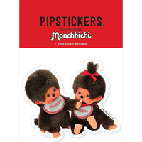 PipStickers Monchhichi vinyl sticker featuring two plush characters with red bibs and hair accents on white background