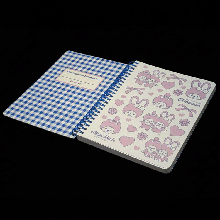 Go Figment Monchhichi & Chimutan spiral journal with pink character stickers and blue gingham patterned inside cover