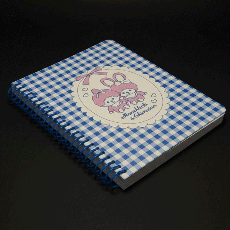 Go Figment Monchhichi & Chimutan 200-page spiral notebook with blue gingham cover and pink character illustration
