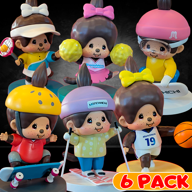 Sekiguchi Monchhichi 6-pack Sports Series vinyl figures featuring cheerleader, snowboarder, skateboarder, tennis, skiing, basketball players.