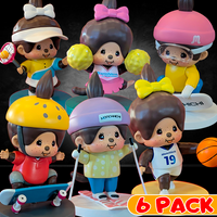 Sekiguchi Monchhichi 6-pack Sports Series vinyl figures featuring cheerleader, snowboarder, skateboarder, tennis, skiing, basketball players.