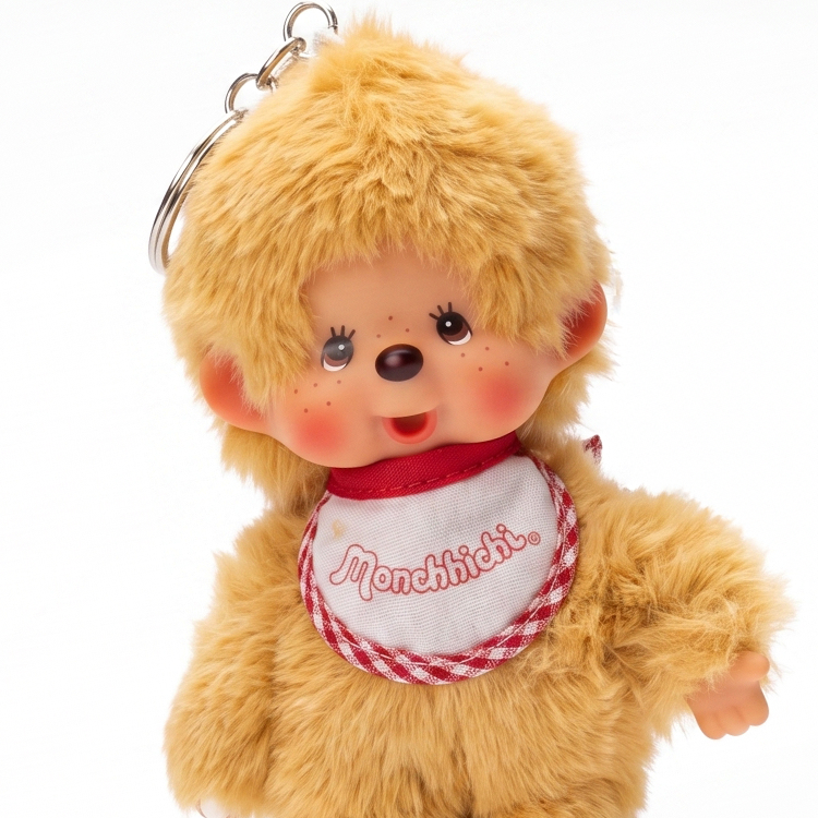 5.5" Monchhichi Keychain - Classic Beige Plush Boy with Red Checked Bib & Metal Ring by Sekiguchi