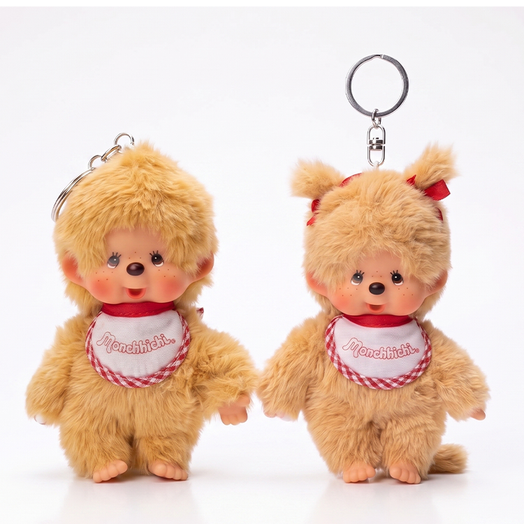 Sekiguchi 5.5" Monchhichi Keychain Set - Classic Beige Boy & Girl 2-Piece Plush Pack with Metal Rings