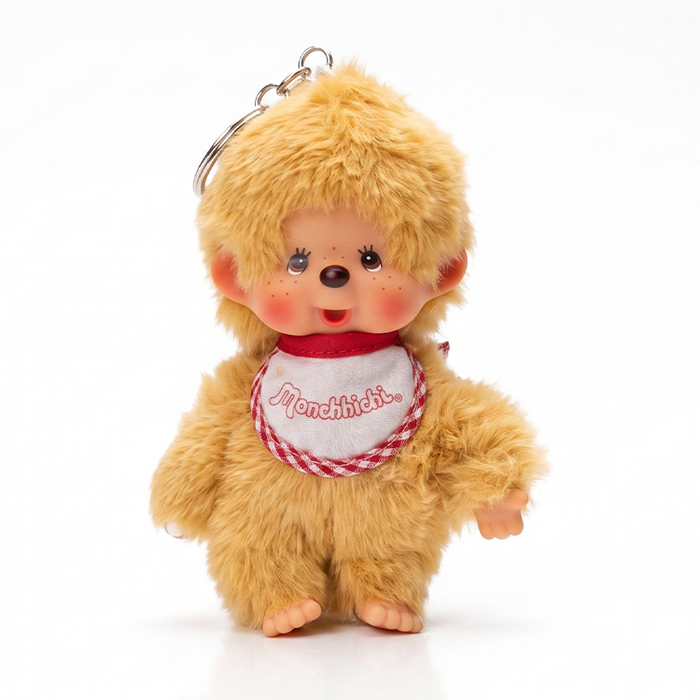 5.5" Monchhichi Keychain - Classic Beige Plush Boy with Red Checked Bib & Metal Ring by Sekiguchi