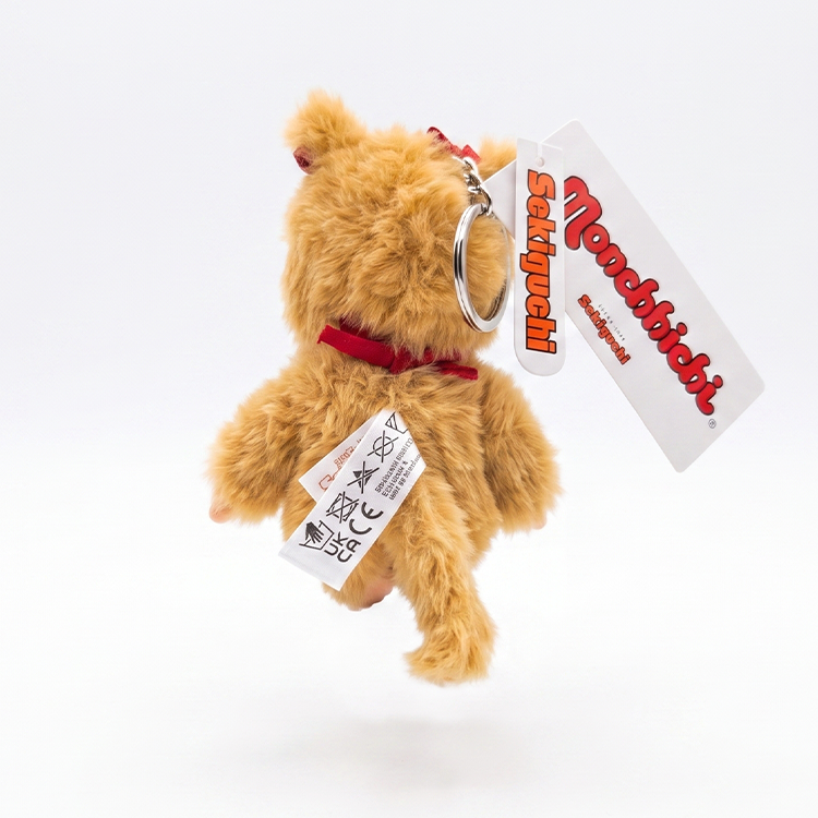 5.5" Monchhichi Keychain - Classic Beige Plush Girl with Red Ribbon Pigtails & Metal Ring, Sekiguchi