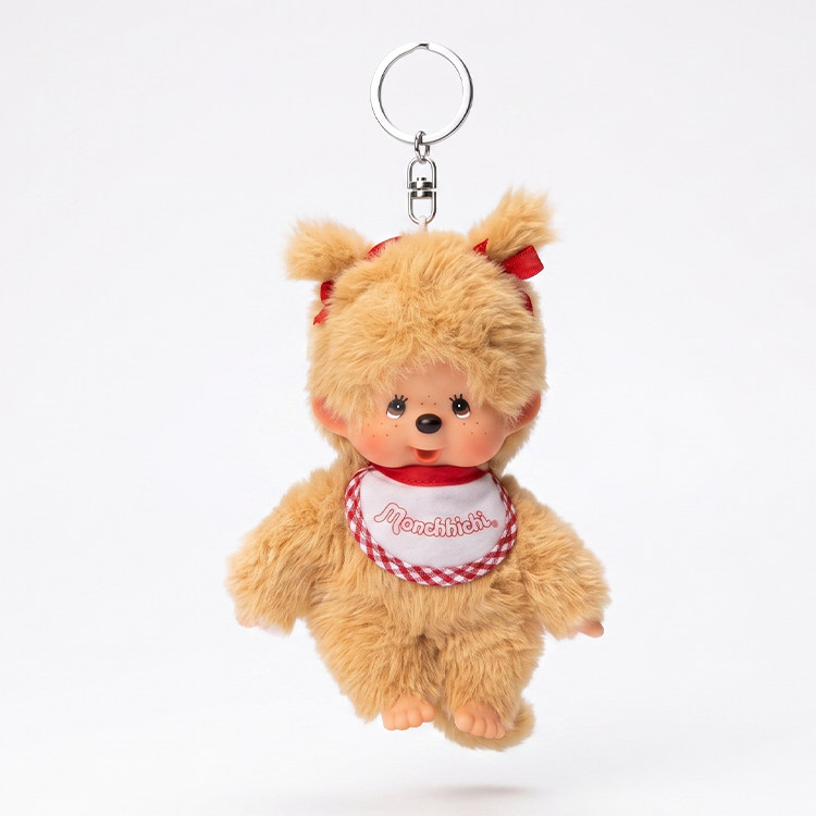 5.5" Monchhichi Keychain - Classic Beige Plush Girl with Red Ribbon Pigtails & Metal Ring - Sekiguchi