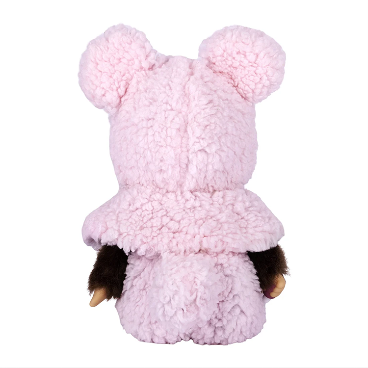 8" Monchhichi Brown Boy - in Pink Fluffy Bear Hoodie and Cape with Brown Eyes by Sekiguchi