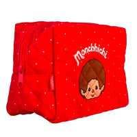 Sekiguchi Monchhichi 7 inch red quilted zipper pouch featuring classic boy character embroidery