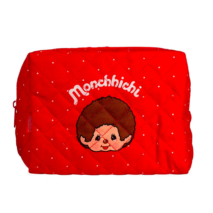 Sekiguchi Monchhichi 7 inch red soft quilted zipper pouch with classic boy character embroidery