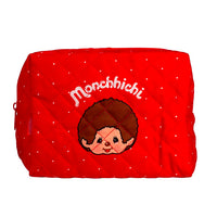 Sekiguchi Monchhichi 7 inch red soft quilted zipper pouch with classic boy character embroidery