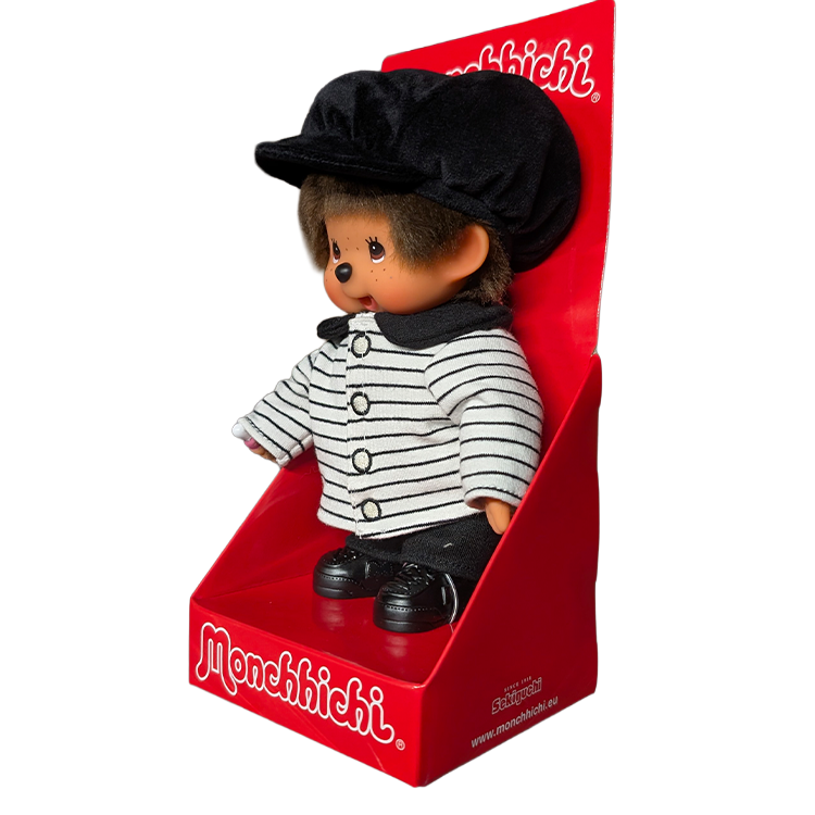 8" Monchhichi Brown Boy - in Striped Jacket & Casquette and Brown Eyes by Sekiguchi