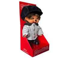 8" Monchhichi Brown Boy - in Striped Jacket & Casquette and Brown Eyes by Sekiguchi collectible doll