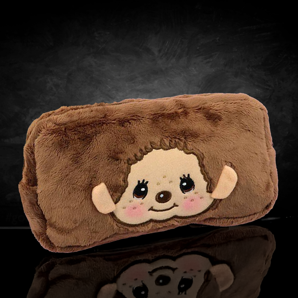 Official Sekiguchi Monchhichi Square Plush Pouch by K-Wonderland featuring a soft spacious character design, often searched as a Monchichi organizer.