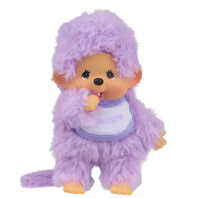 Sekiguchi Monchhichi royal purple plush monkey with soft fur, pacifier, and detailed plastic face and hands.
