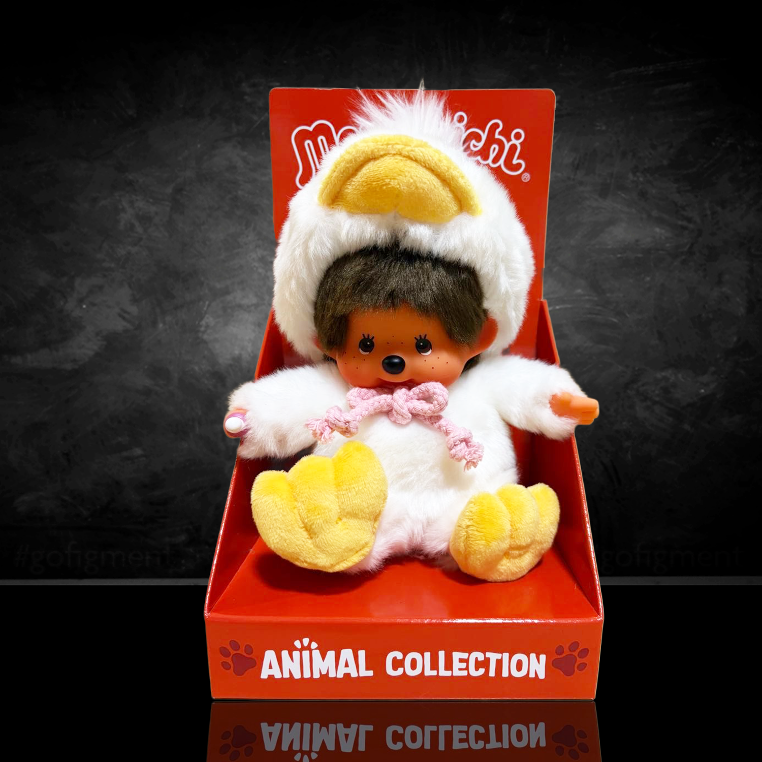 Official Sekiguchi Monchhichi 8-inch Animal Friends Duck plush doll wearing a yellow duckling hood, often searched as Monchichi.