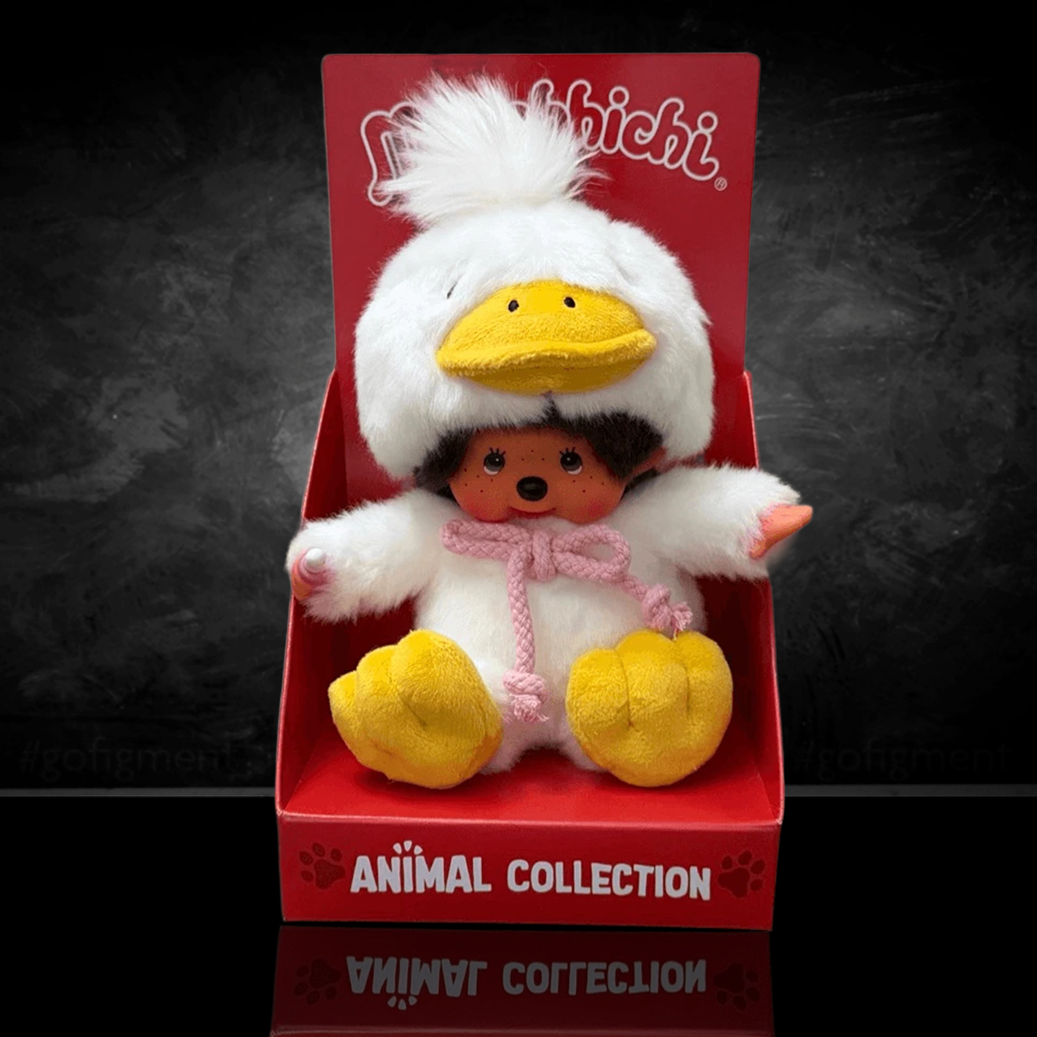 Official Sekiguchi Monchhichi 8-inch Animal Friends Duck plush doll wearing a yellow duckling hood, often searched as Monchichi.