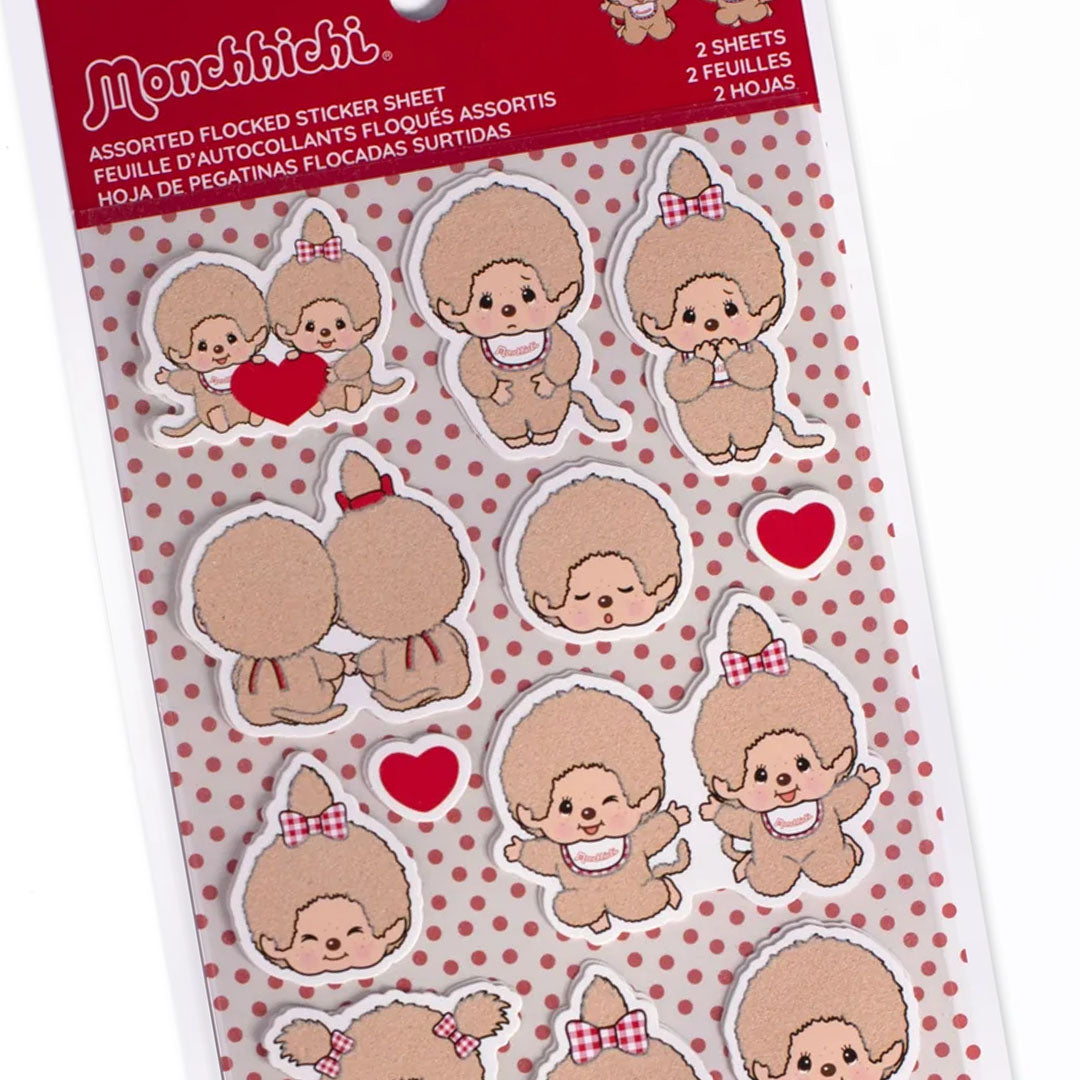 Sekiguchi Monchhichi 2 pack fuzzy sticker sheets with assorted cute character designs on polka dot background
