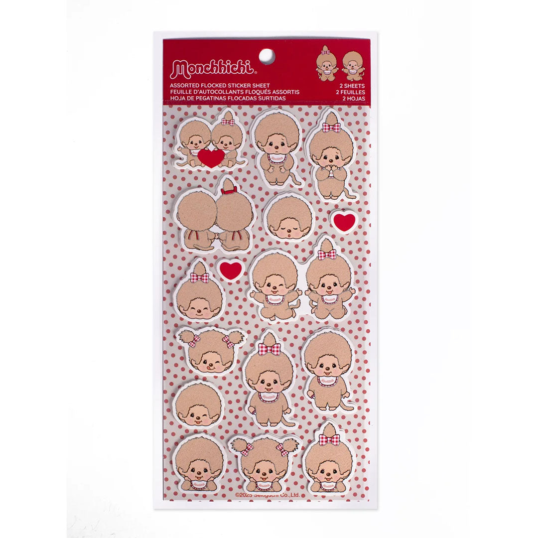 Sekiguchi Monchhichi fuzzy sticker sheet 2 pack with assorted cute character designs on white background