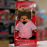 Sekiguchi Monchhichi 8 inch girl plush doll wearing pink bathrobe with pigtails in original red box