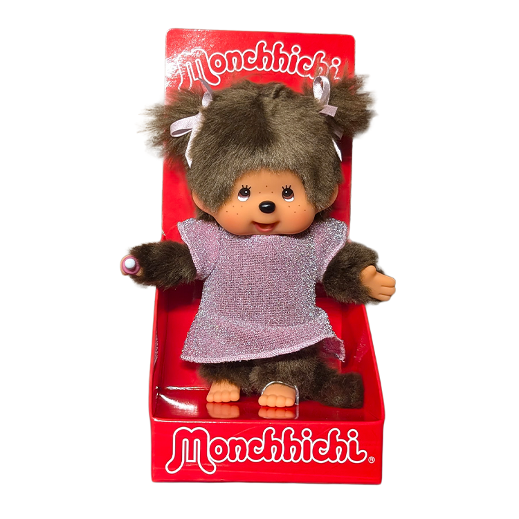 8" Monchhichi Classic Brown Girl in Pink Glitter Dress With Brown Eyes and Pigtails by Sekiguchi