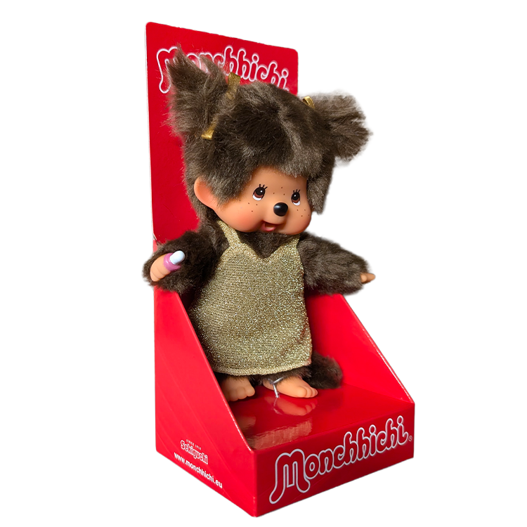 8" Monchhichi Classic Brown Girl in Gold Glitter Dress With Brown Eyes and Pigtails by Sekiguchi