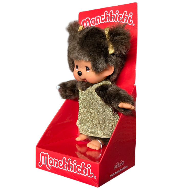 8" Monchhichi Classic Brown Girl in Gold Glitter Dress With Brown Eyes and Pigtails by Sekiguchi collectible doll