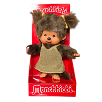 8" Monchhichi Classic Brown Girl in Gold Glitter Dress With Brown Eyes and Pigtails Sekiguchi