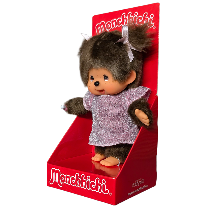 8" Monchhichi Classic Brown Girl in Pink Glitter Dress With Brown Eyes and Pigtails Sekiguchi
