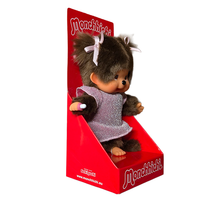 8" Monchhichi Classic Brown Girl in Pink Glitter Dress With Brown Eyes and Pigtails by Sekiguchi