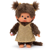 8" Monchhichi Classic Brown Girl in Gold Glitter Dress With Brown Eyes and Pigtails by Sekiguchi