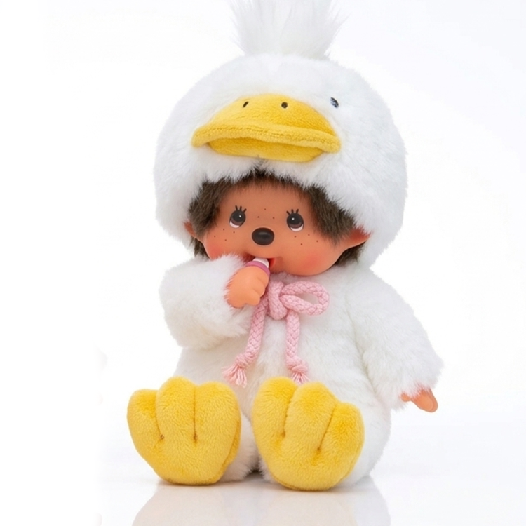 8" Large Monchhichi Doll - Animal Friend DUCK - Authentic Monkey Plush, NWT by Sekiguchi wearing a white duck costume