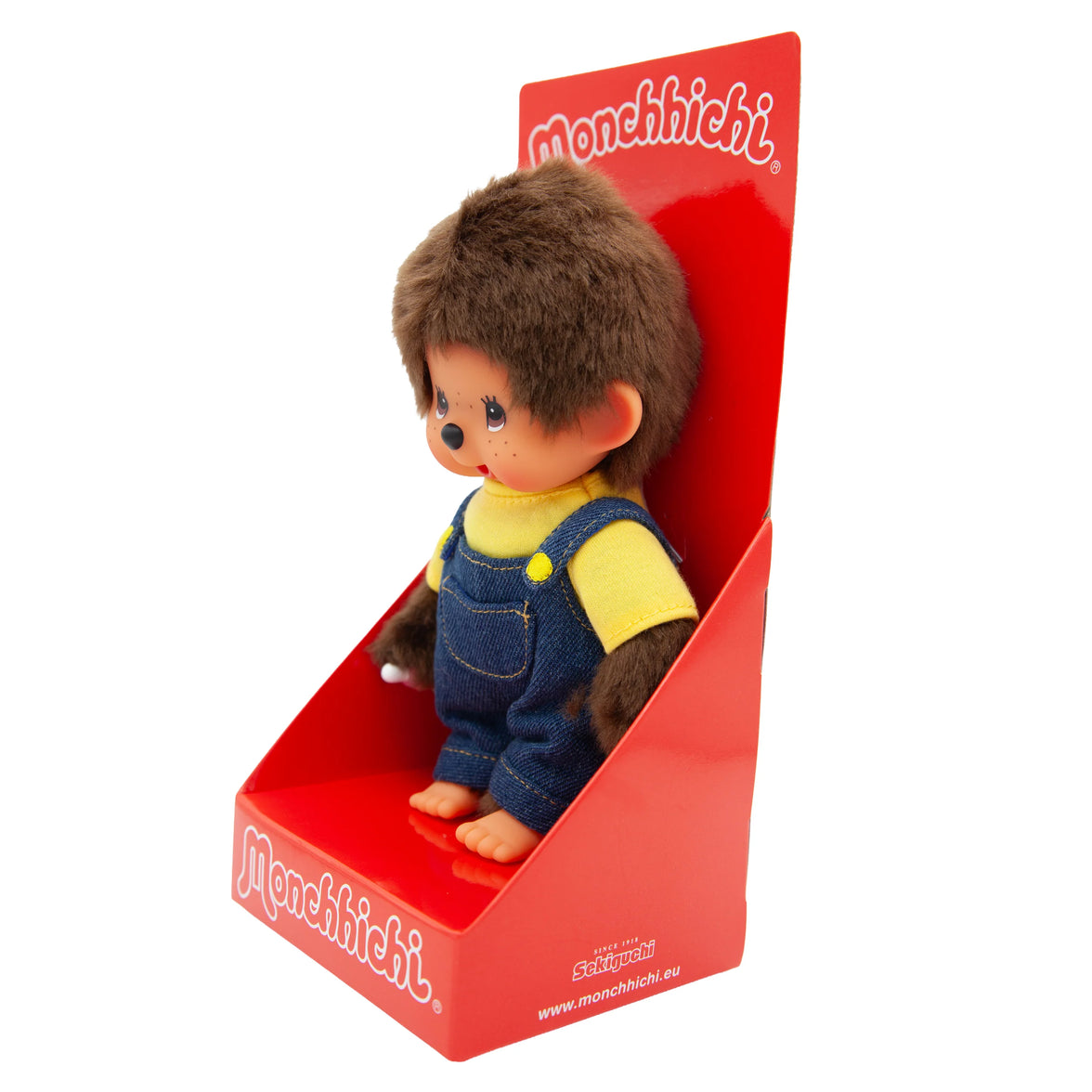 8" Monchhichi Boy in Yellow Shirt and Blue Overalls with Brown Eyes, Aliquantum International