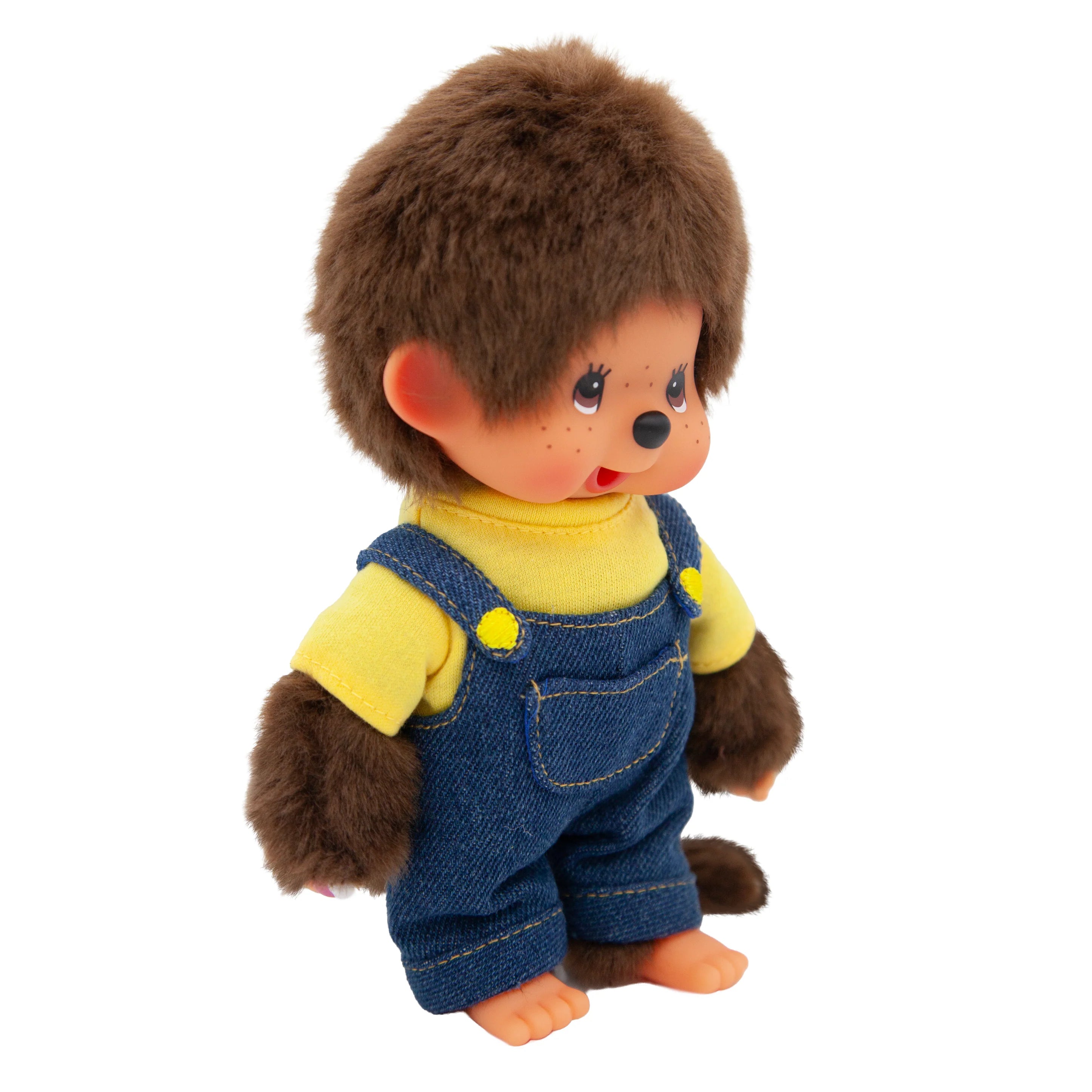 8" Monchhichi Boy in Yellow Shirt and Blue Overalls with Brown Eyes, Aliquantum International