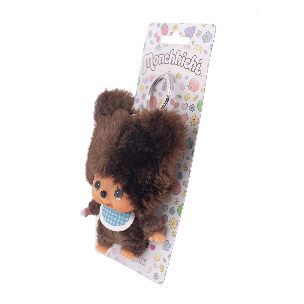 Sekiguchi 4-inch Monchhichi plush keychain in fluffy bear costume with large ears and blue checkered bib on colorful card