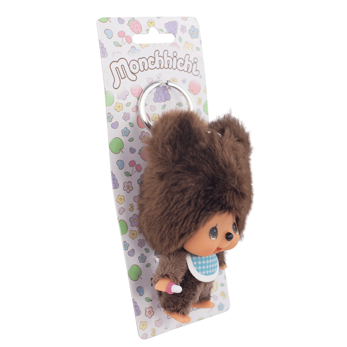 Sekiguchi 4-inch Monchhichi plush keychain in fluffy brown bear costume with blue checkered bib on floral backing card