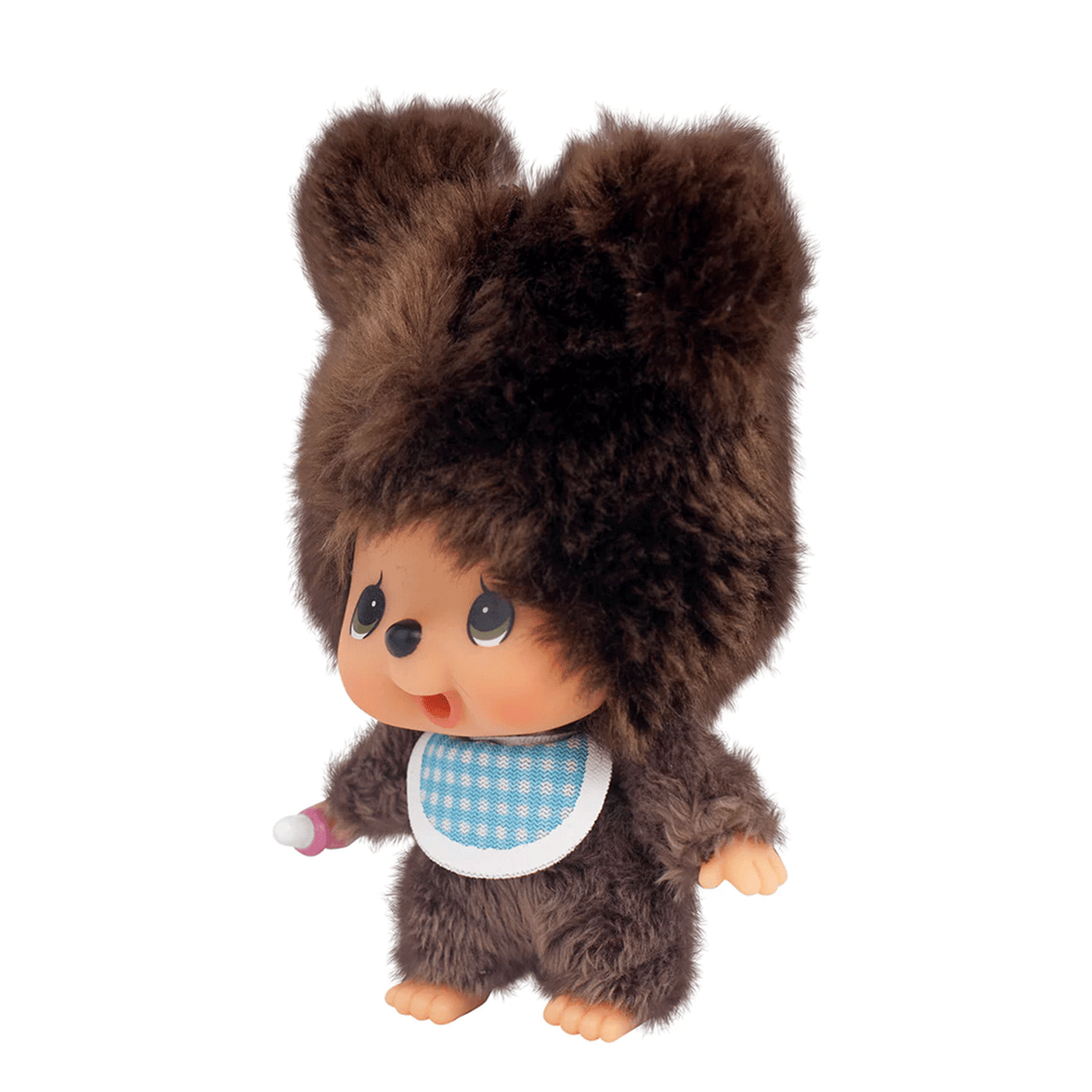 Sekiguchi 4-inch Monchhichi plush keychain in fluffy brown bear outfit holding a milk bottle with blue checkered bib
