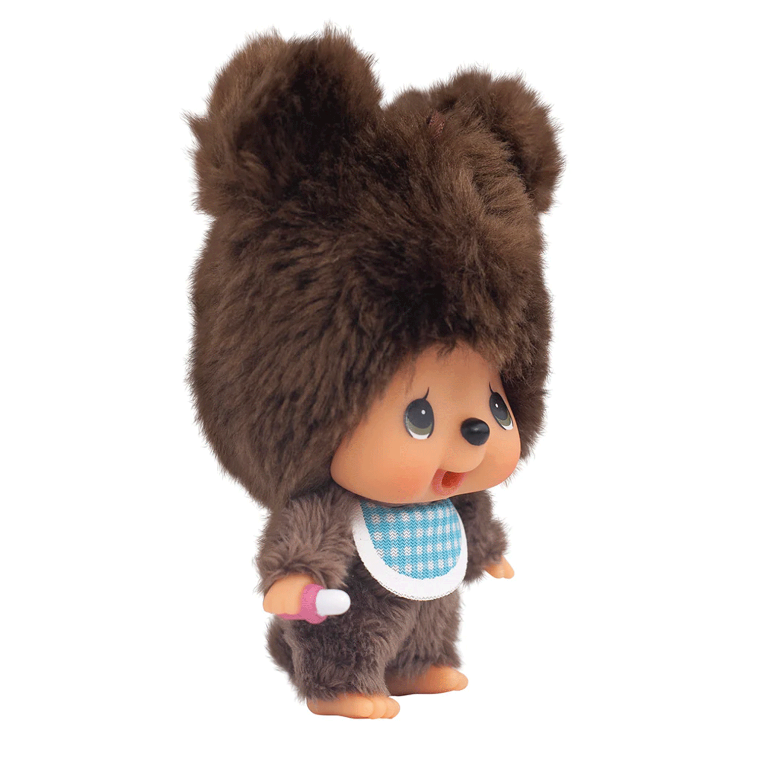 Sekiguchi 4-inch Monchhichi plush keychain in fluffy brown bear suit with blue checkered bib holding pink bottle