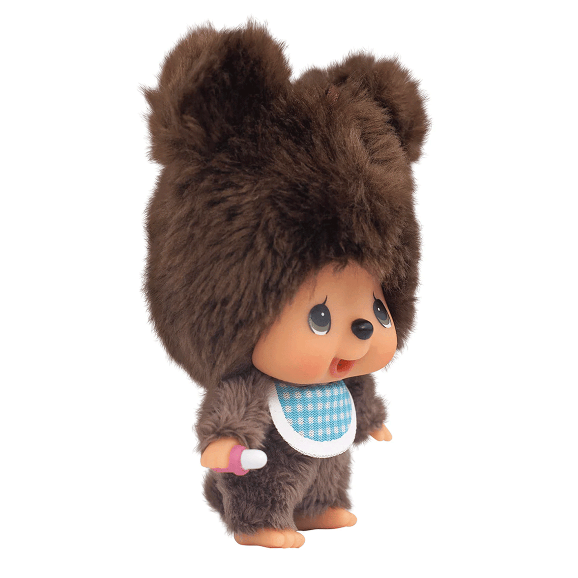 Sekiguchi 4-inch Monchhichi plush keychain in fluffy brown bear suit with blue checkered bib holding pink bottle