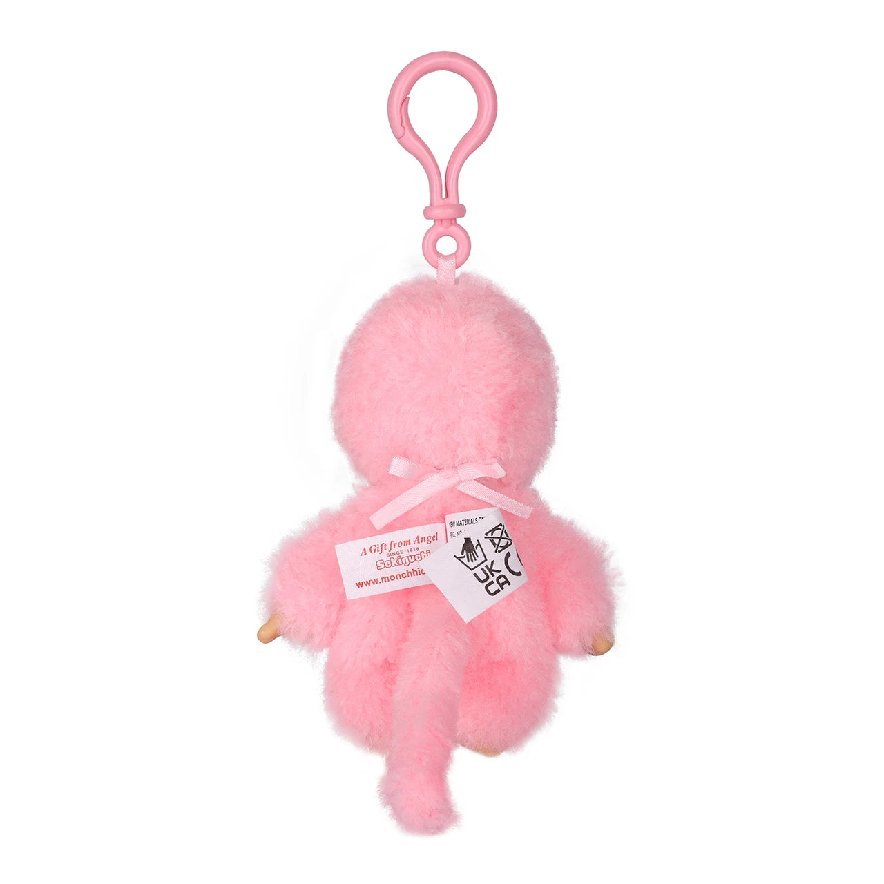 Monchhichi Lacie Pink Satin Bib Plush Keychain 4 Inch Figure by Sekiguchi pink plush keychain shown from back