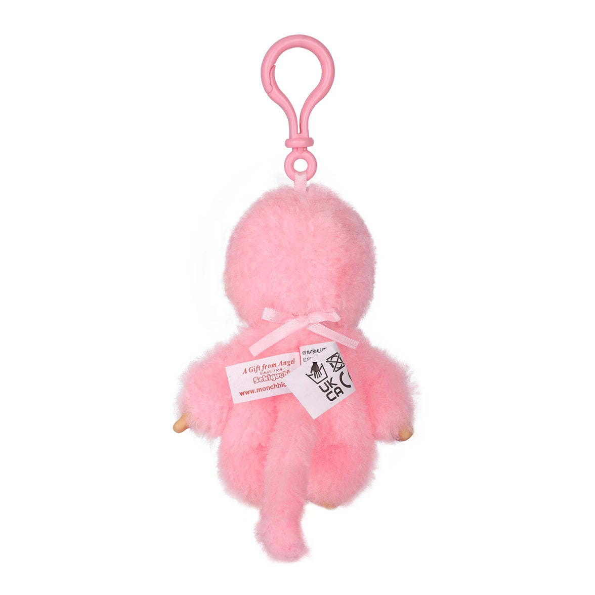 Monchhichi Lacie Pink Satin Bib Plush Keychain 4 Inch Figure by Sekiguchi pink plush keychain shown from back