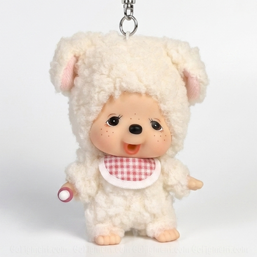 4" Monchhichi Keychain - Chamu Sheep Mascot - Authentic Plush Mascot, NWT by Sekiguchi with fluffy white lamb outfit